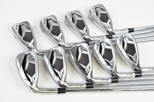 Left Hand Ping G430 Irons / 5-PW+GW+SW+LW / White Dot / Stiff Flex Ping AWT 2.0