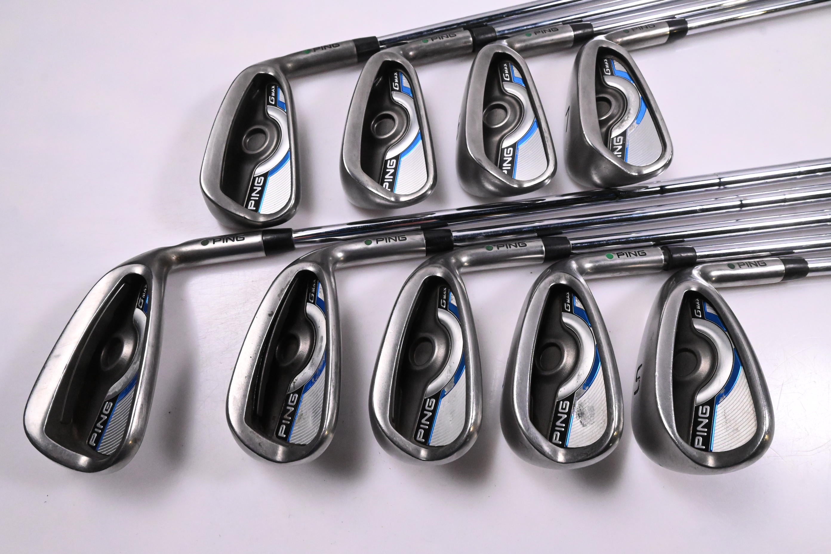 Ping GMax Irons / 4-PW+GW+SW / Green Dot / Regular Flex Ping CFS Distance Shafts