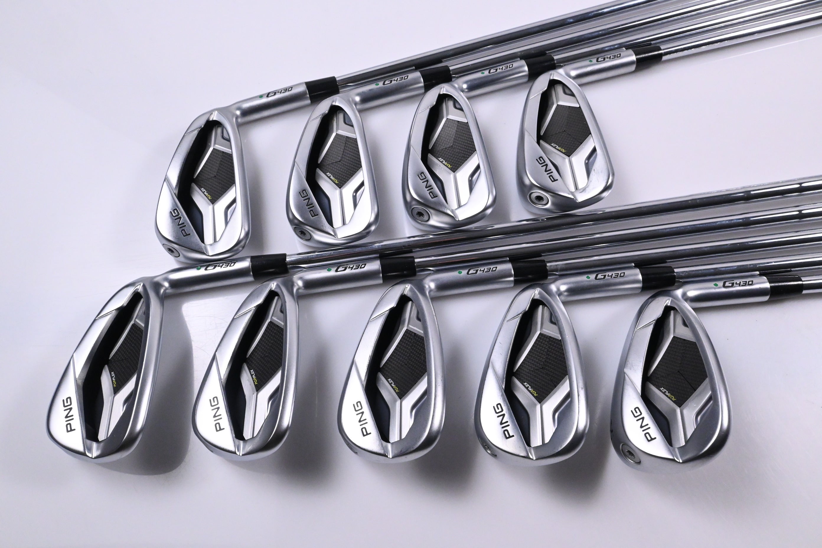 Ping G430 Irons / 4-PW+45°+54° / Green Dot / Stiff Flex Ping AWT 2.0 Shafts