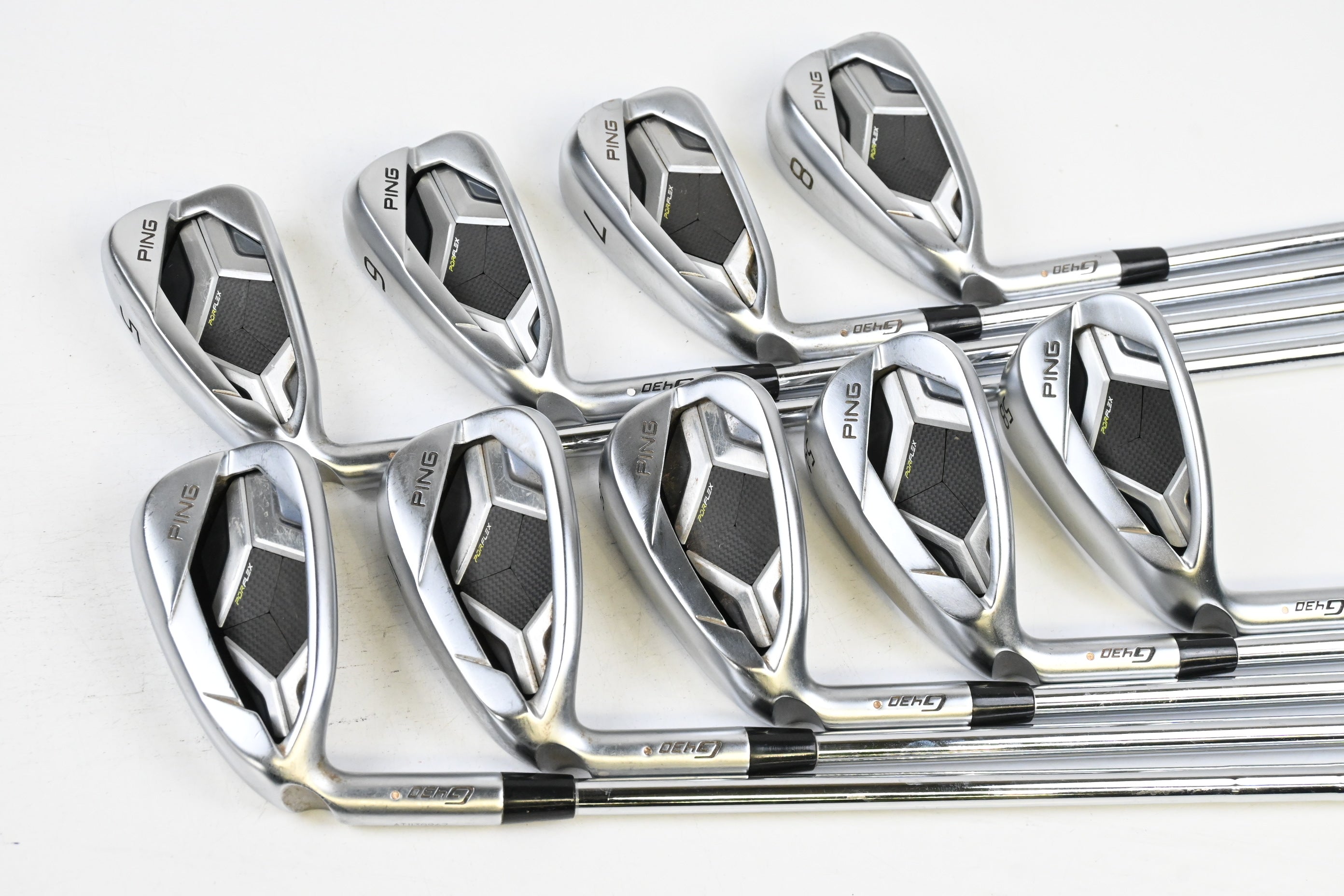 Left Hand Ping G430 Irons / 5-PW+GW+SW+LW / White Dot / Stiff Flex Ping AWT 2.0