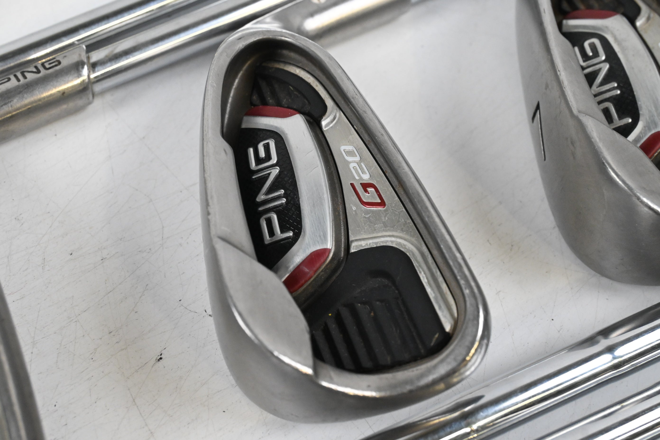 Ping G20 Irons / 3-PW+GW+SW / White Dot / Stiff Flex Ping CFS Shafts