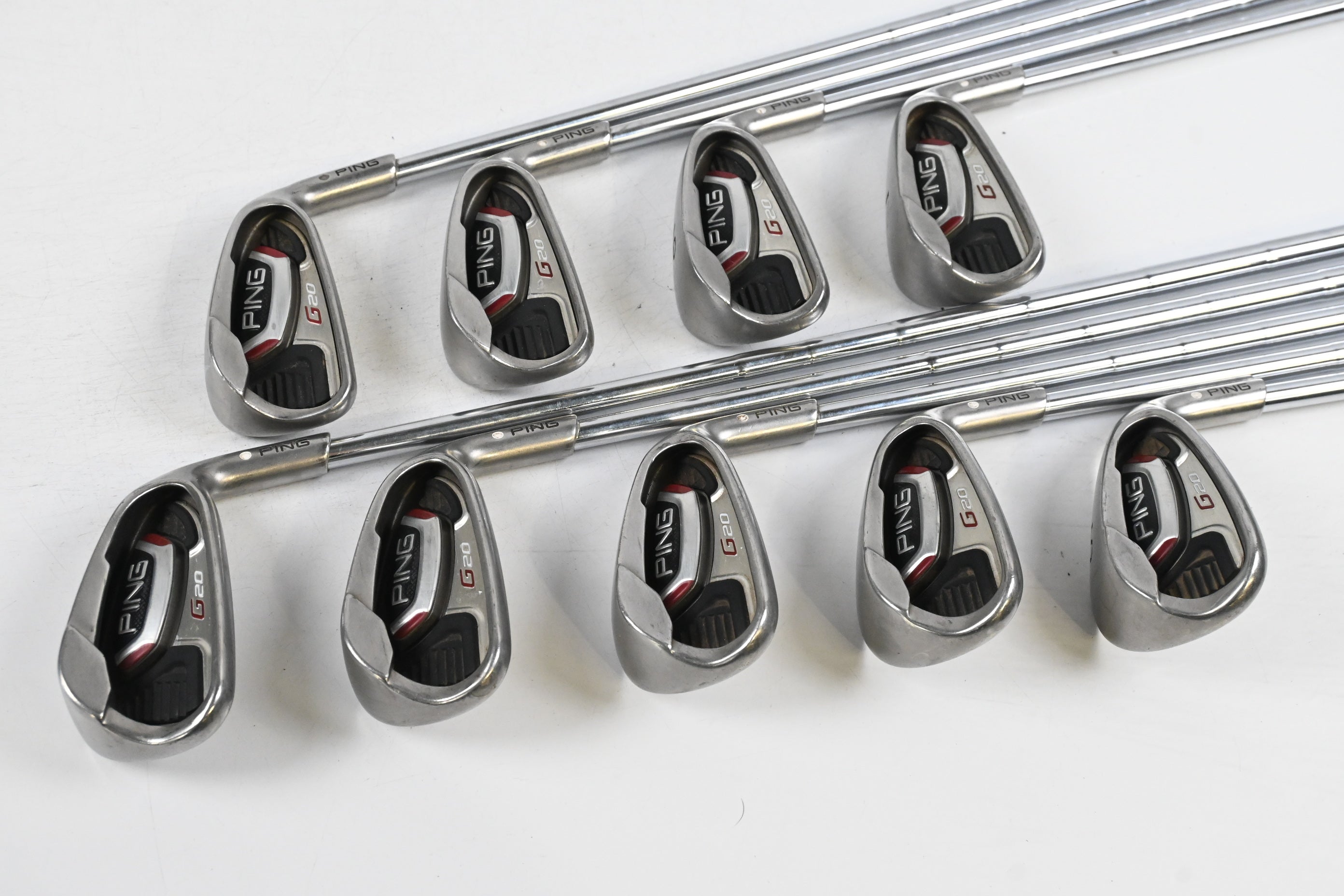Ping G20 Irons / 3-PW+GW+SW / White Dot / Stiff Flex Ping CFS Shafts