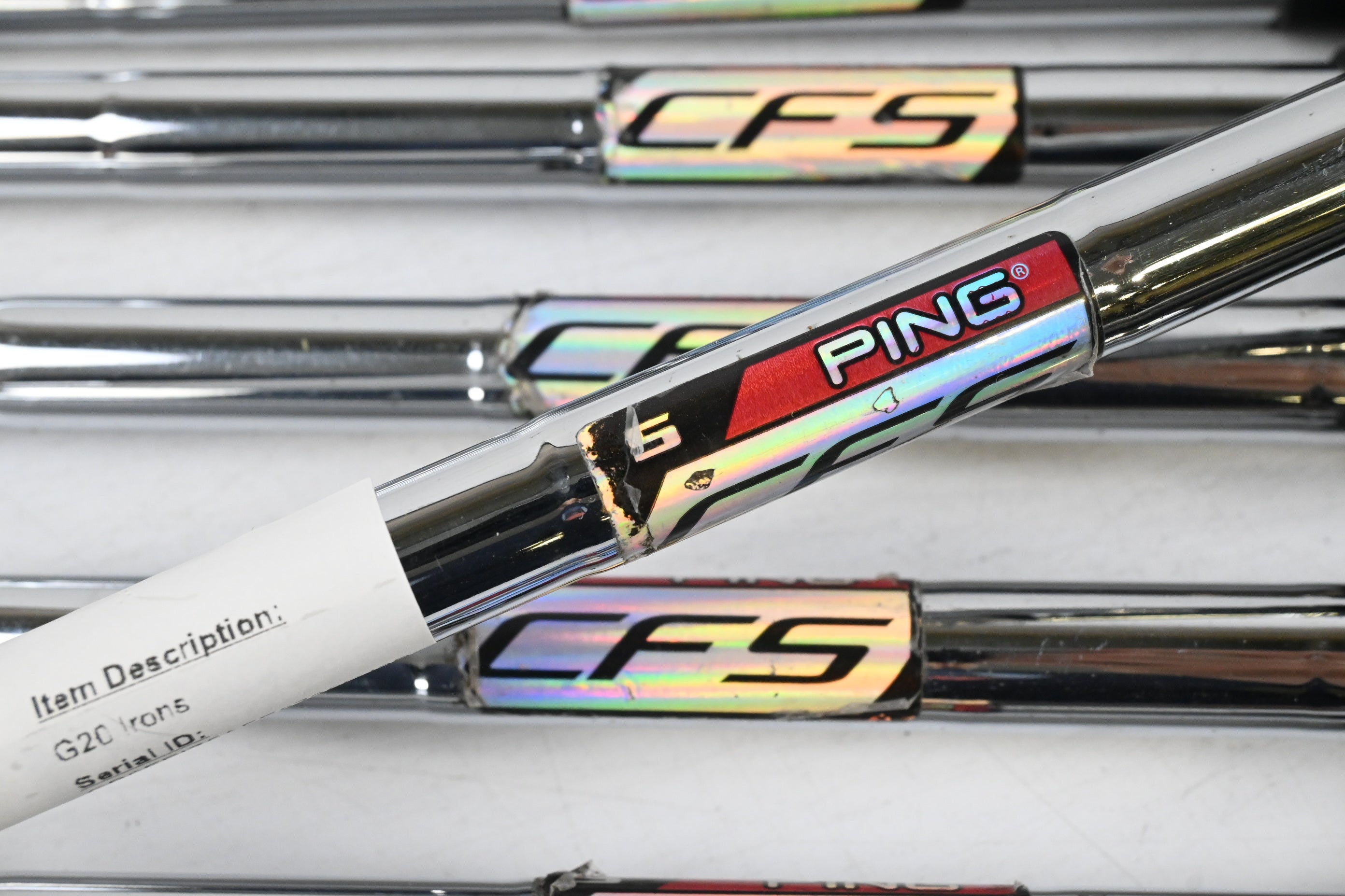 Ping G20 Irons / 3-PW+GW+SW / White Dot / Stiff Flex Ping CFS Shafts