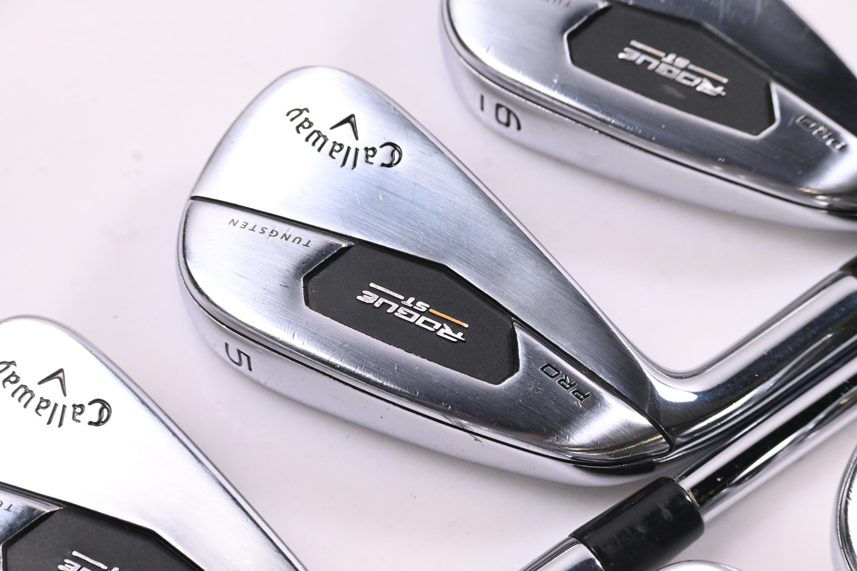 Left Hand Callaway Rogue ST Pro Irons / 4-PW / Stiff Flex Rifle Tour Flighted