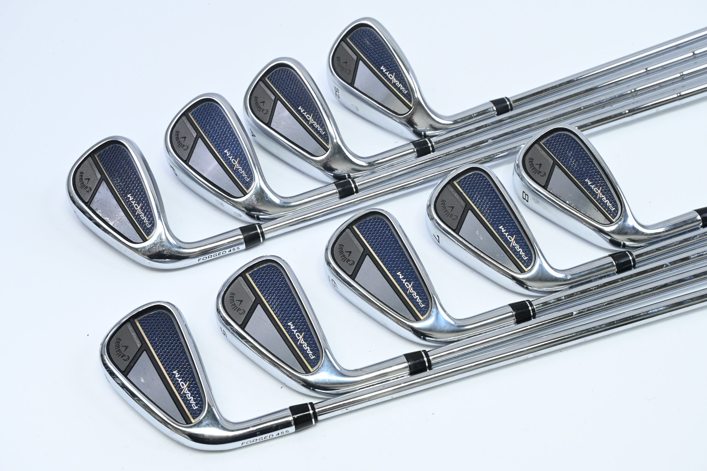 Left Hand Callaway Paradym Irons / 4-PW+GW+52° / Stiff Flex Elevate MPH 95