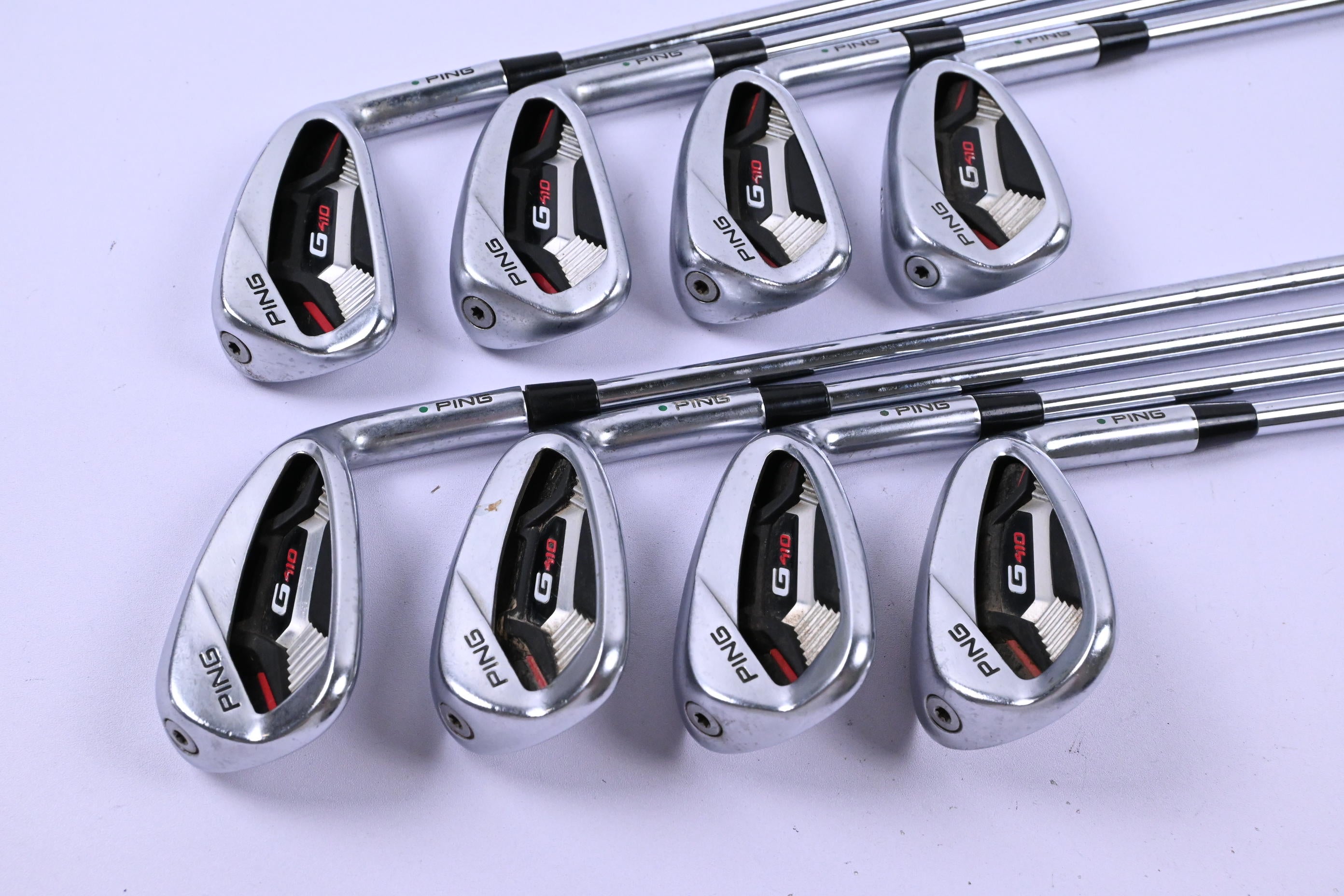 Ping G410 Irons / 5-PW+GW+SW / Green Dot / Stiff Flex Ping AWT 2.0 Shafts