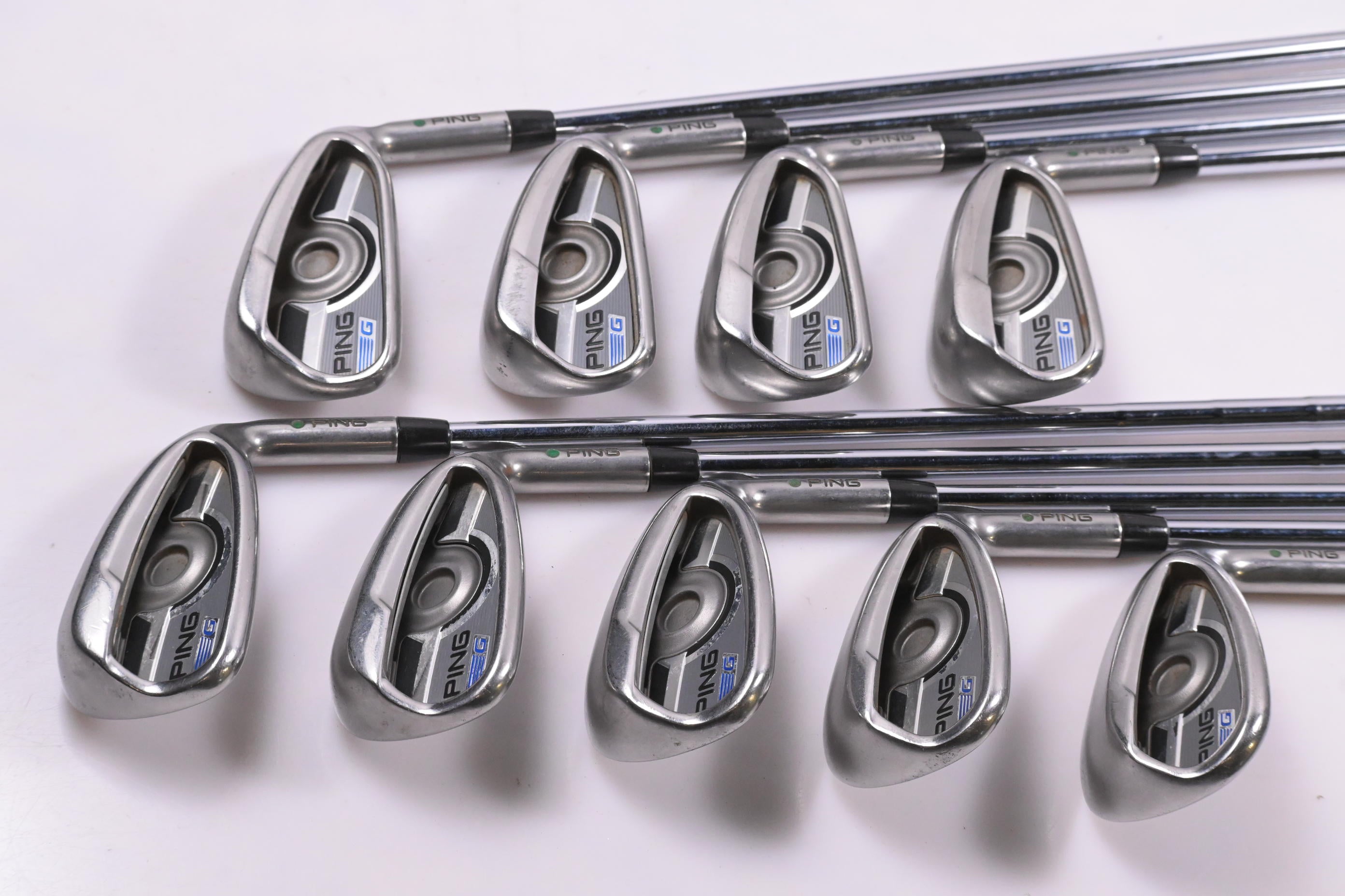 Ping G Series Irons / 4-PW+GW+SW / Green Dot / Stiff Flex Ping AWT 2.0 Shafts