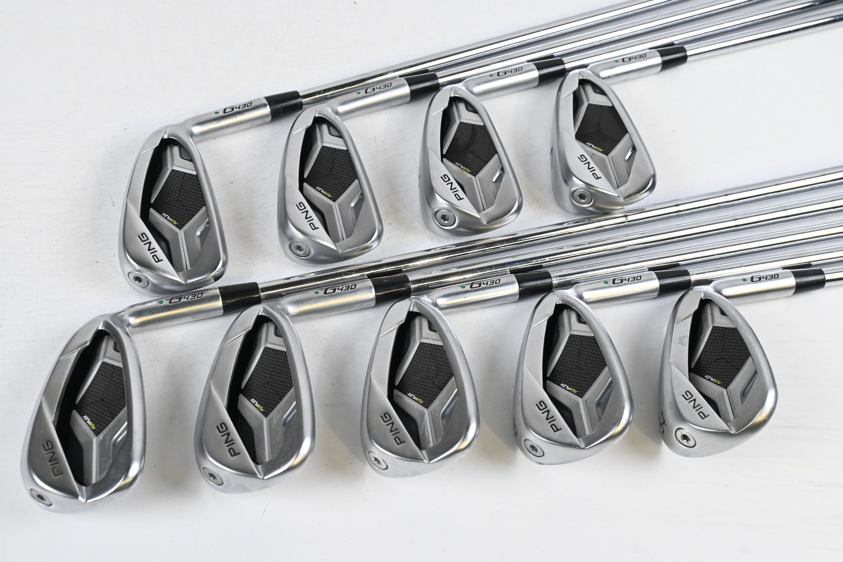 Ping G430 Irons / 4-PW+GW+SW / Green Dot / Regular Flex Ping AWT 2.0 Shafts