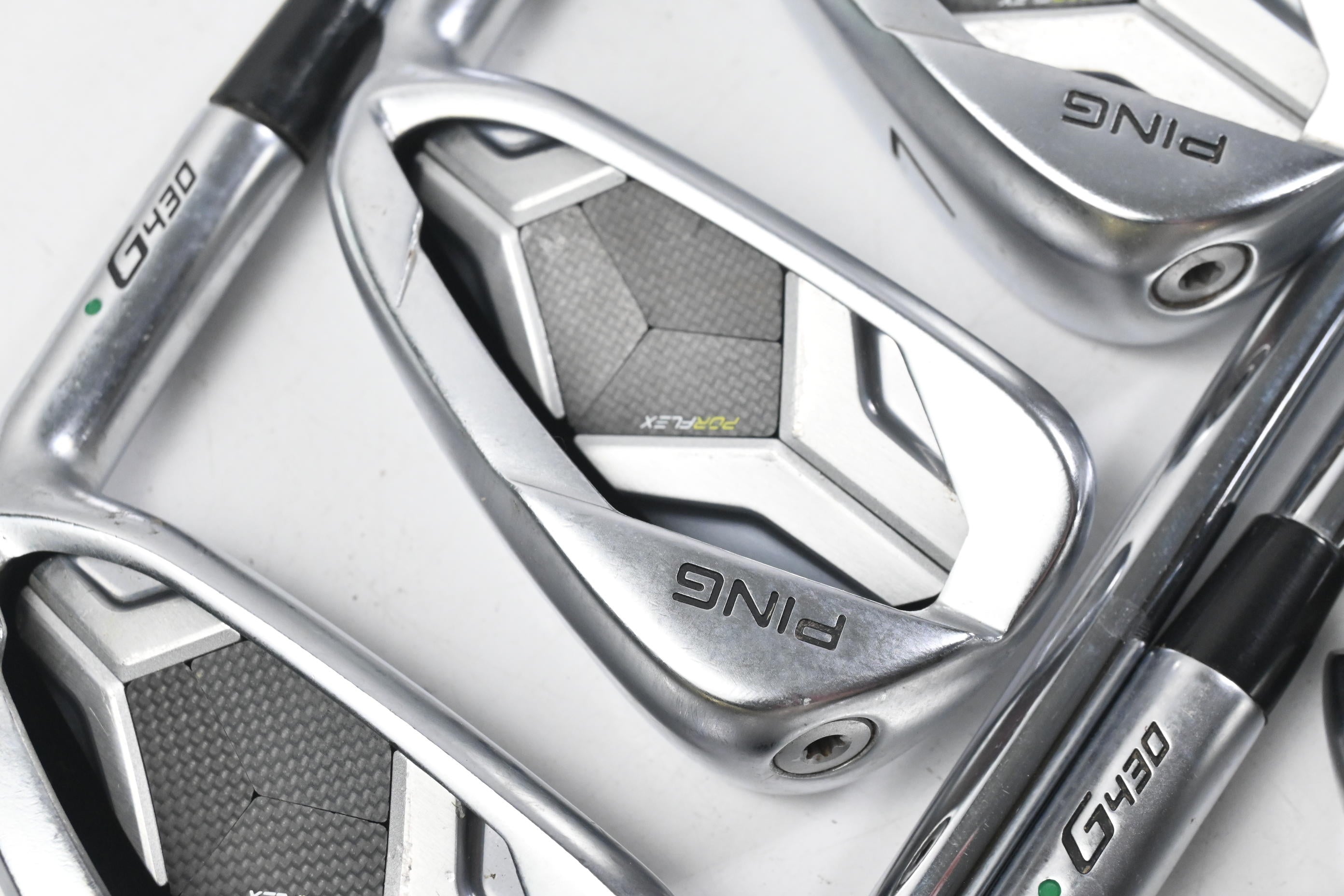 Ping G430 Irons / 5-PW+GW / Green Dot / Stiff Flex Ping AWT 2.0 Shafts