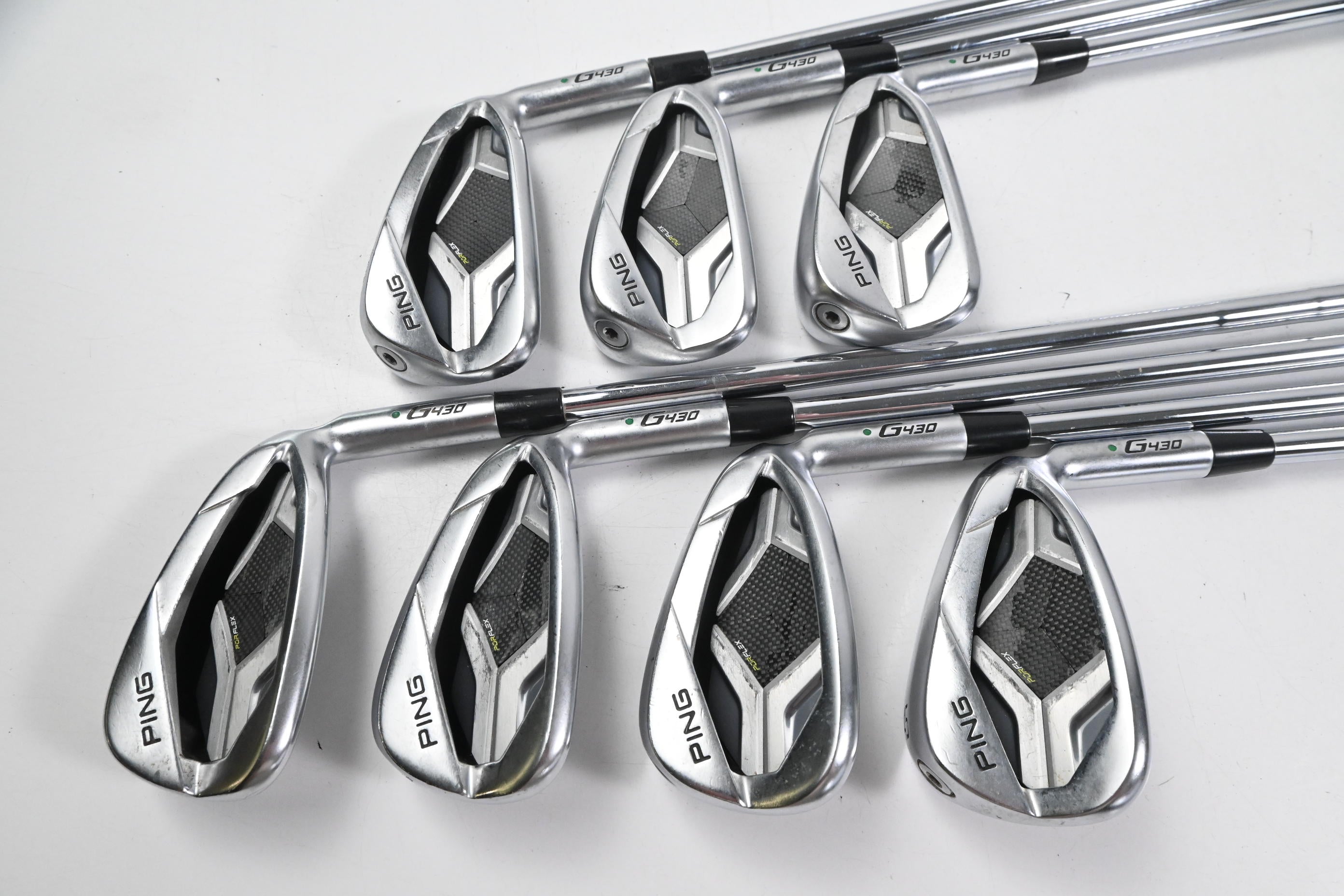 Ping G430 Irons / 5-PW+GW / Green Dot / Stiff Flex Ping AWT 2.0 Shafts