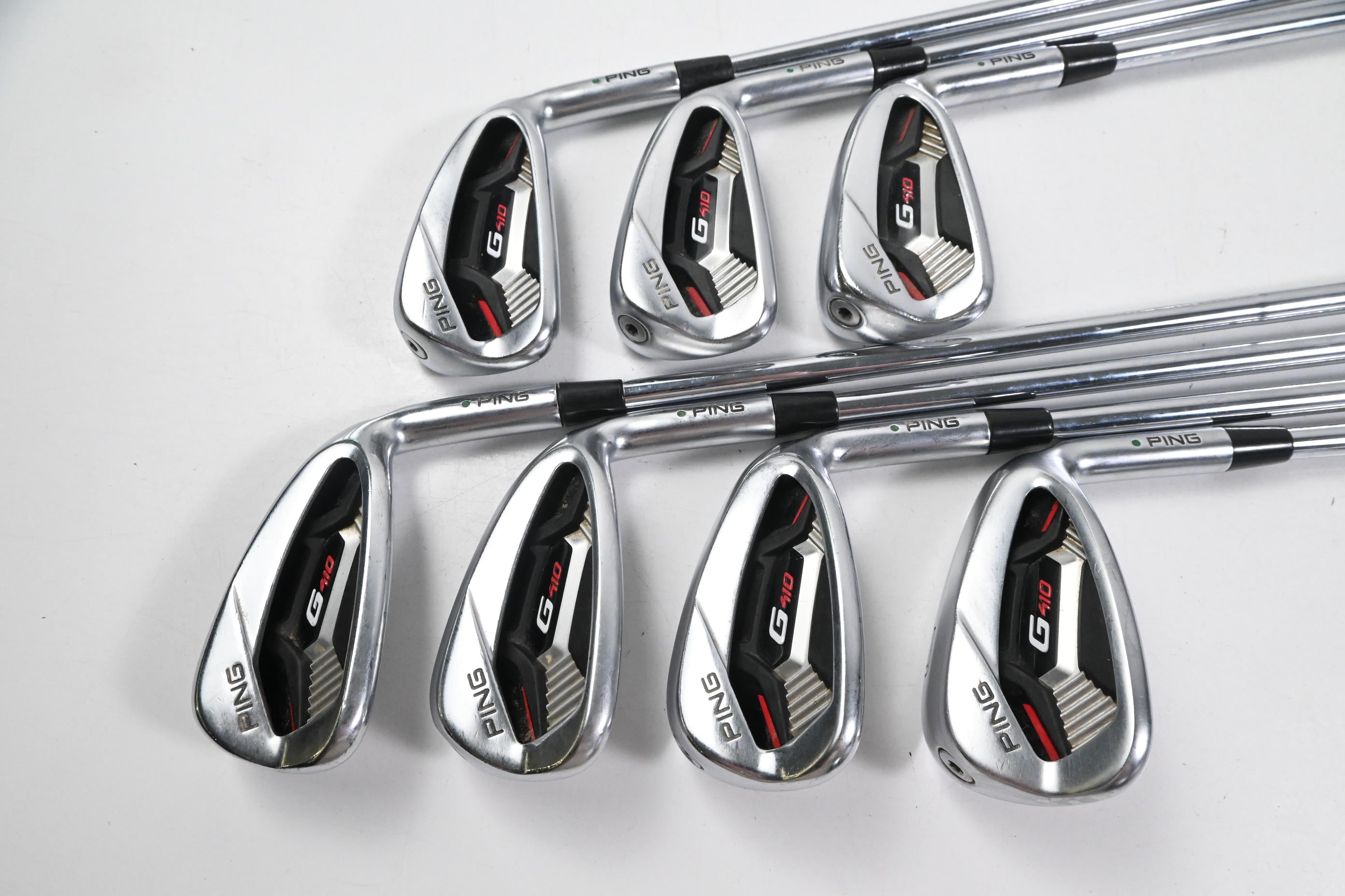 Ping G410 Irons / 5-PW+GW / Green Dot / Stiff Flex Ping AWT 2.0 Shafts