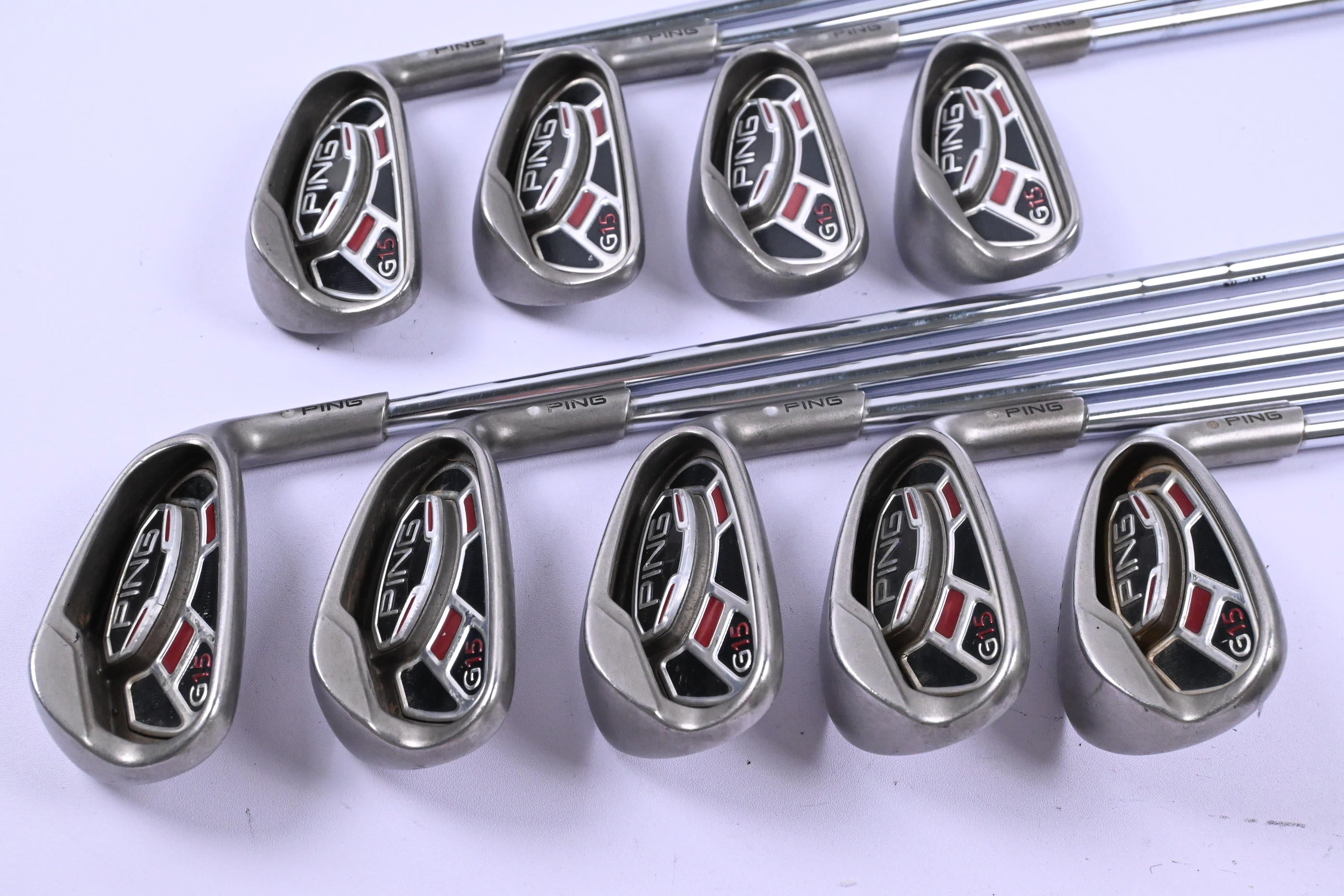 Ping G15 Irons / 4-PW+GW+SW / White Dot / Stiff Flex Ping AWT 2.0 Shafts