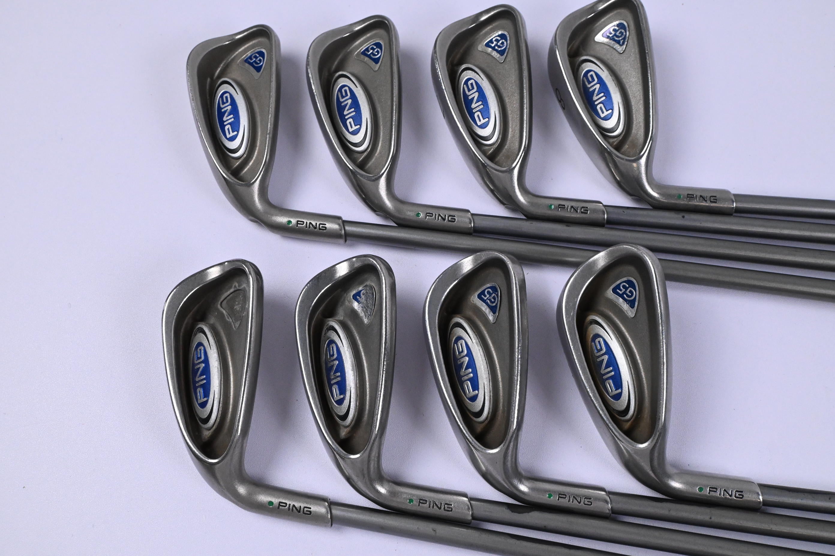Left Hand Ping G5 Irons / 5-PW+GW+SW / Green Dot / Senior Flex Ping TFC 100