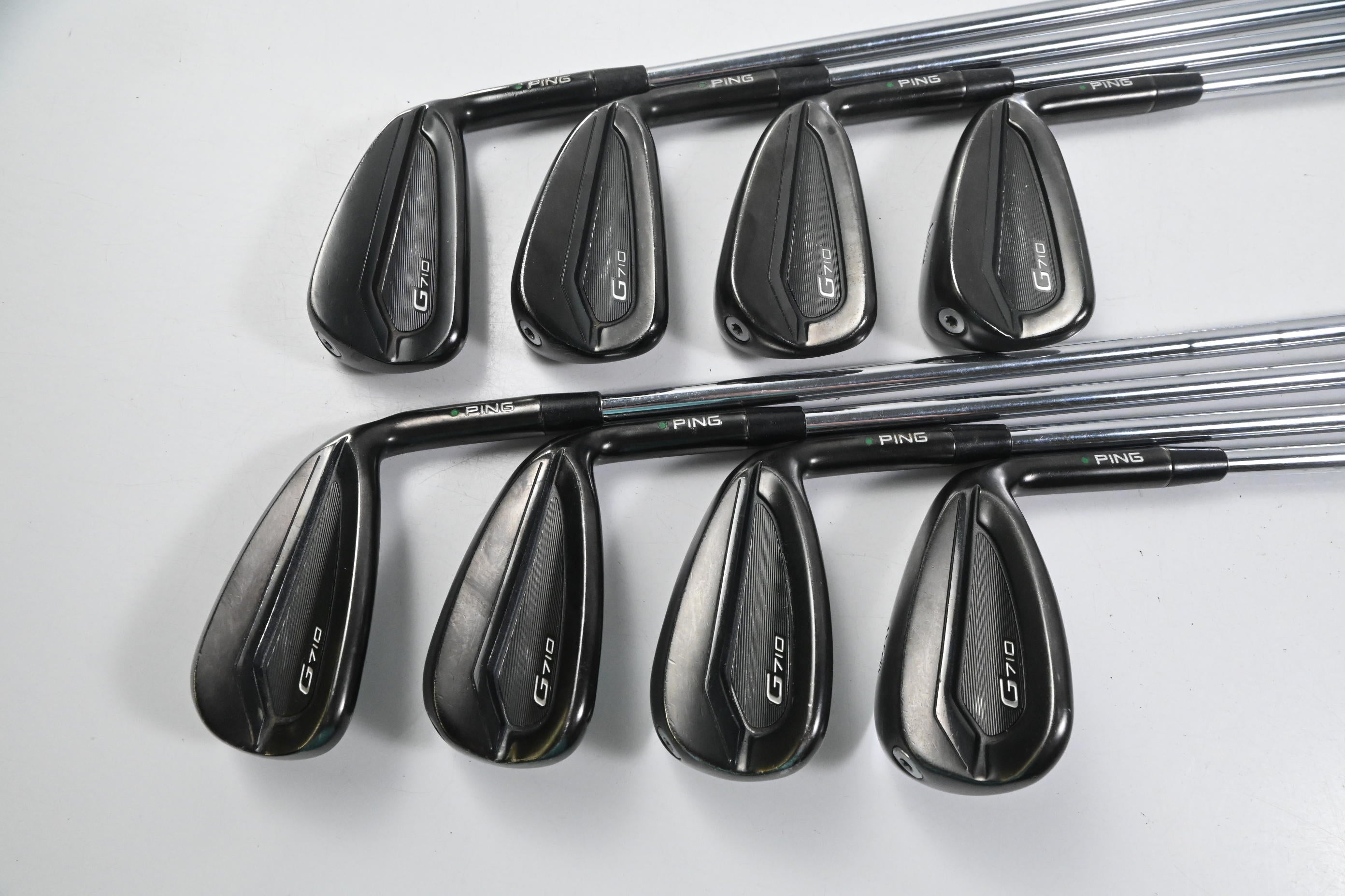 Ping G710 Irons / 4-PW+SW / Green Dot / Stiff Flex Ping AWT 2.0 Shafts