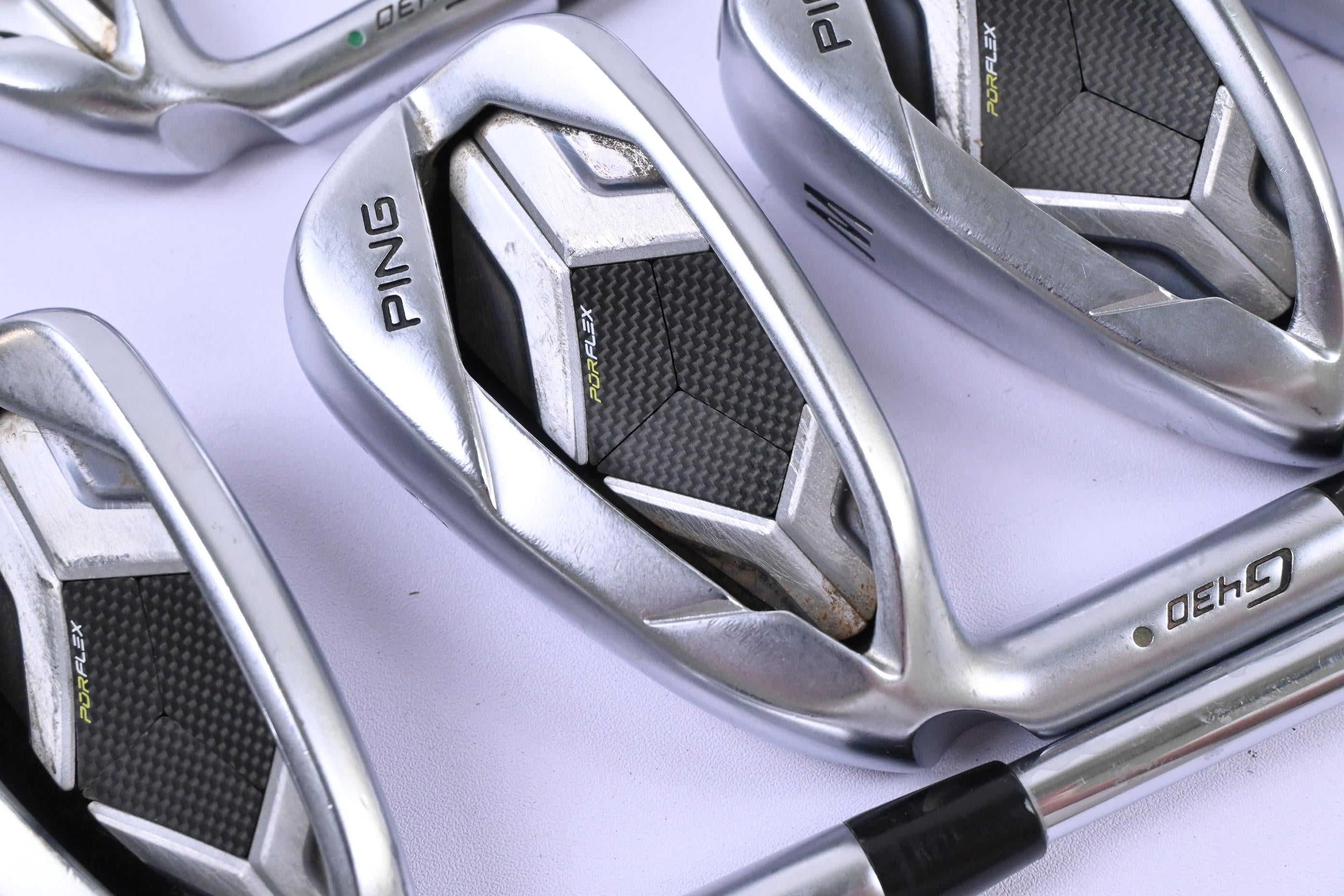 Left Hand Ping G430 Irons / 5-PW+GW / Green Dot / Stiff Flex Ping AWT 2.0 Shafts