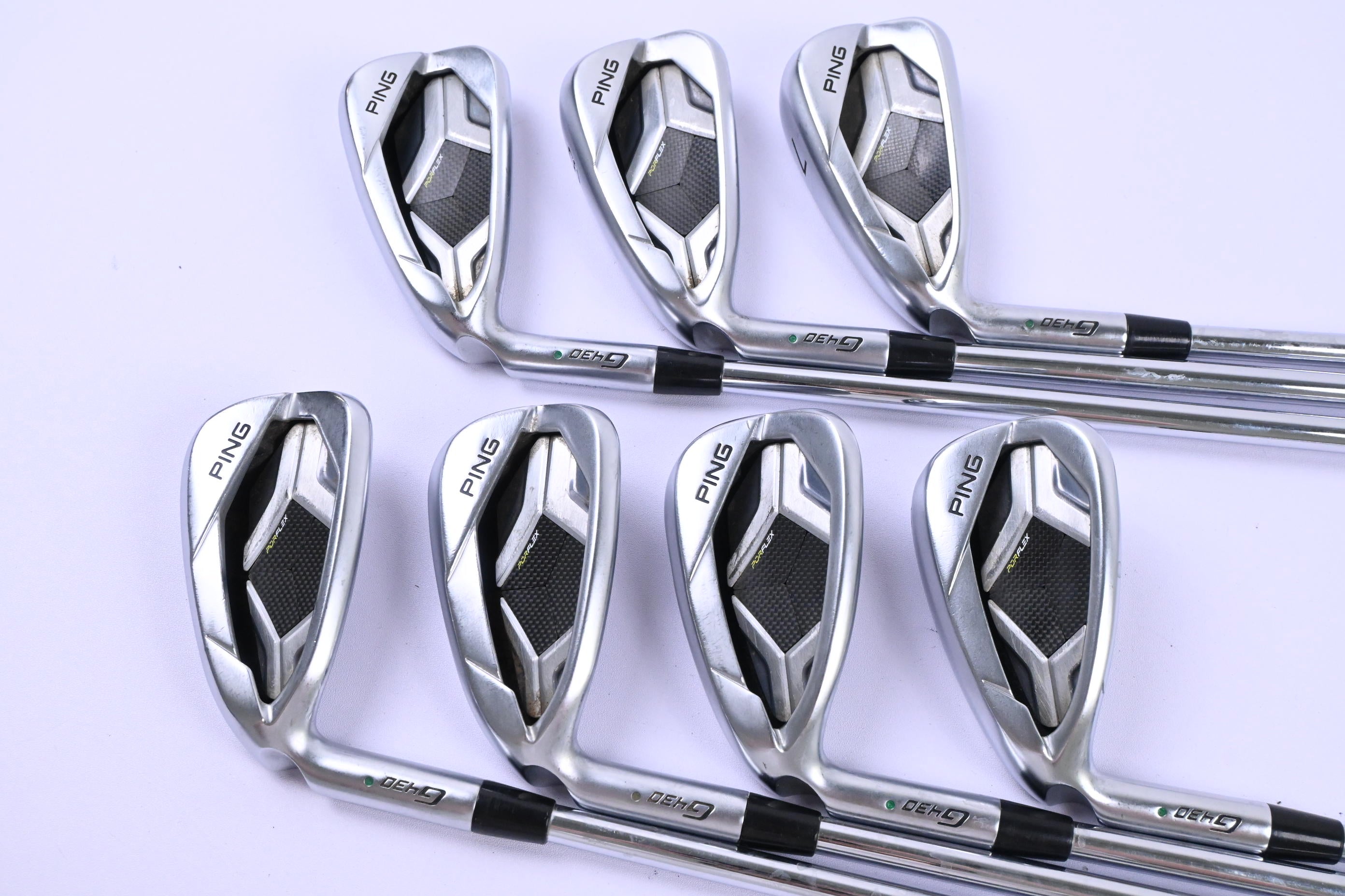 Left Hand Ping G430 Irons / 5-PW+GW / Green Dot / Stiff Flex Ping AWT 2.0 Shafts