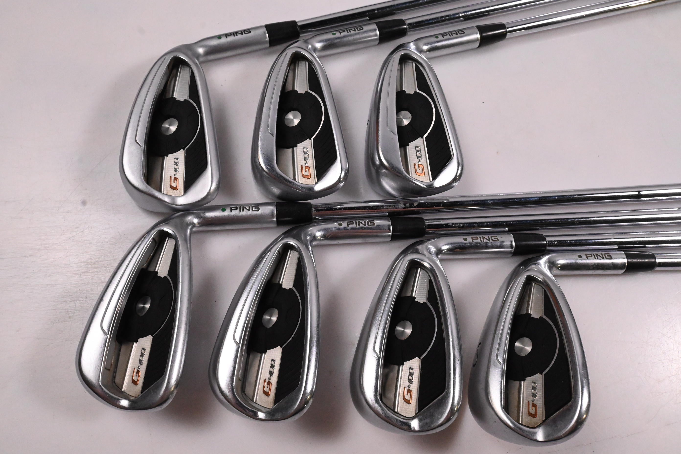 Ping G400 Irons / 5-PW+SW / Green Dot / Stiff Flex Ping AWT 2.0 Shafts