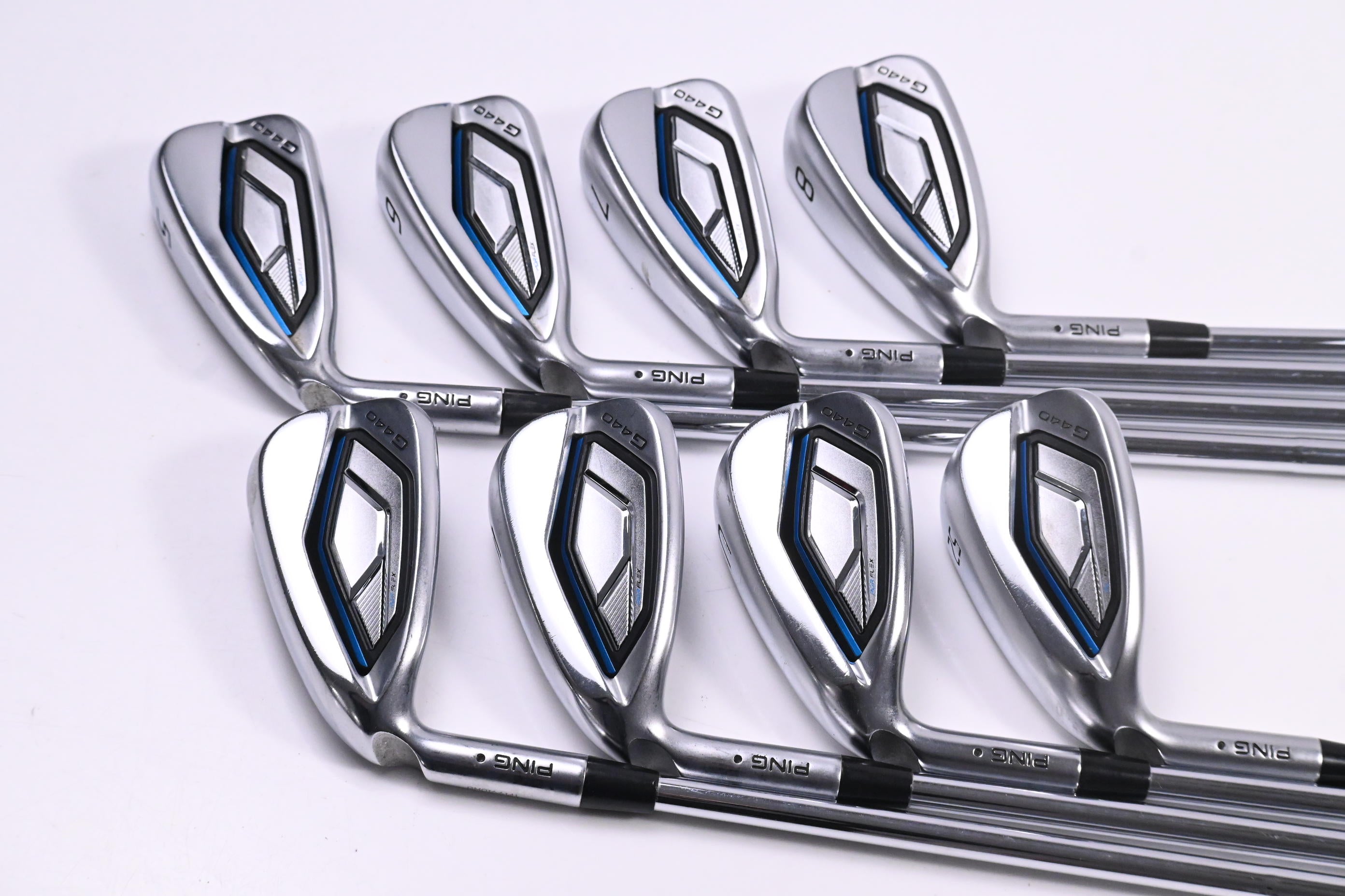 Left Hand Ping G440 Irons / 5-PW+GW+52° / Black Dot / Stiff Flex NS Pro Modus 3