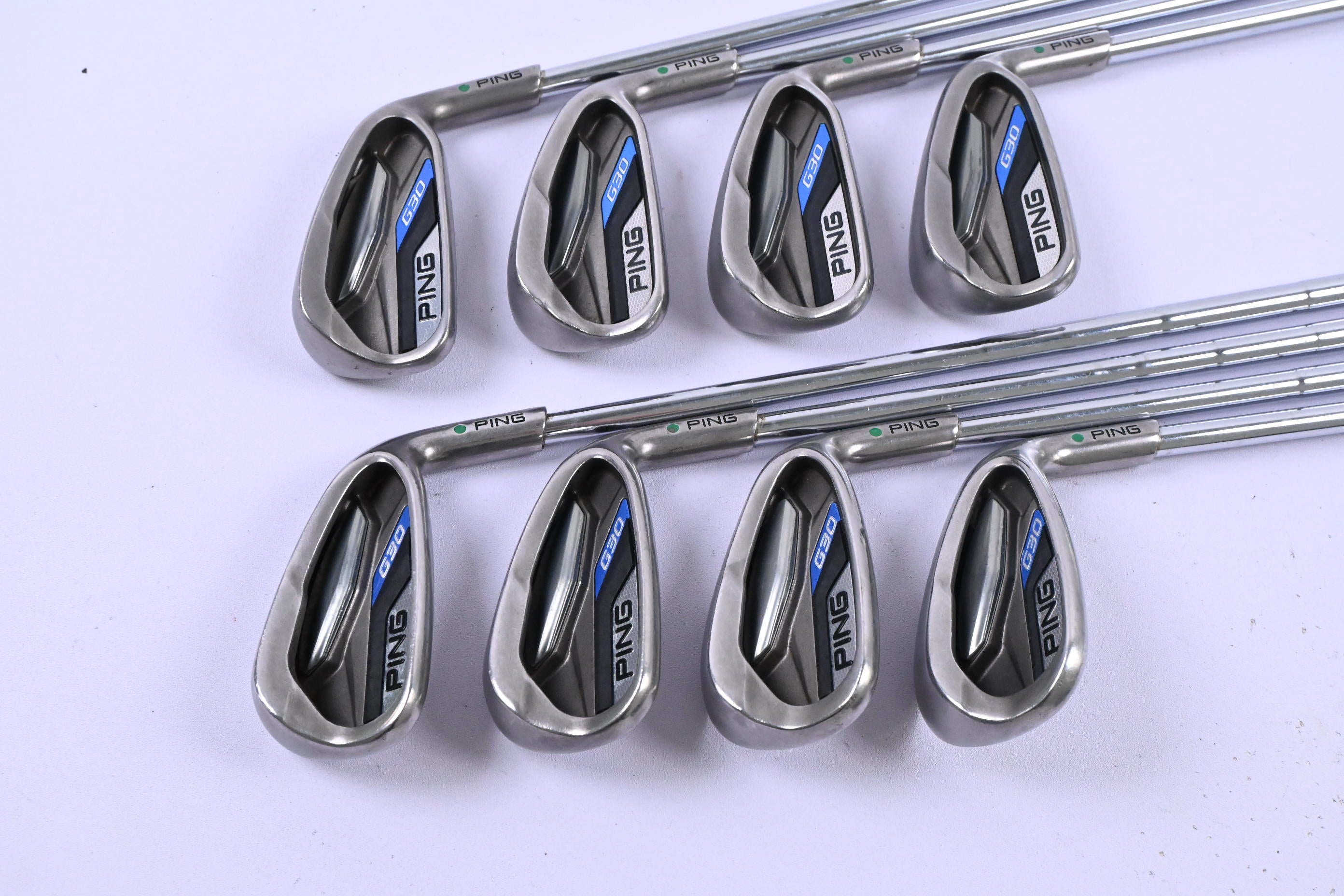 Ping G30 Irons / 4-PW+SW / Green Dot / Stiff Flex Ping CFS Distance Shafts