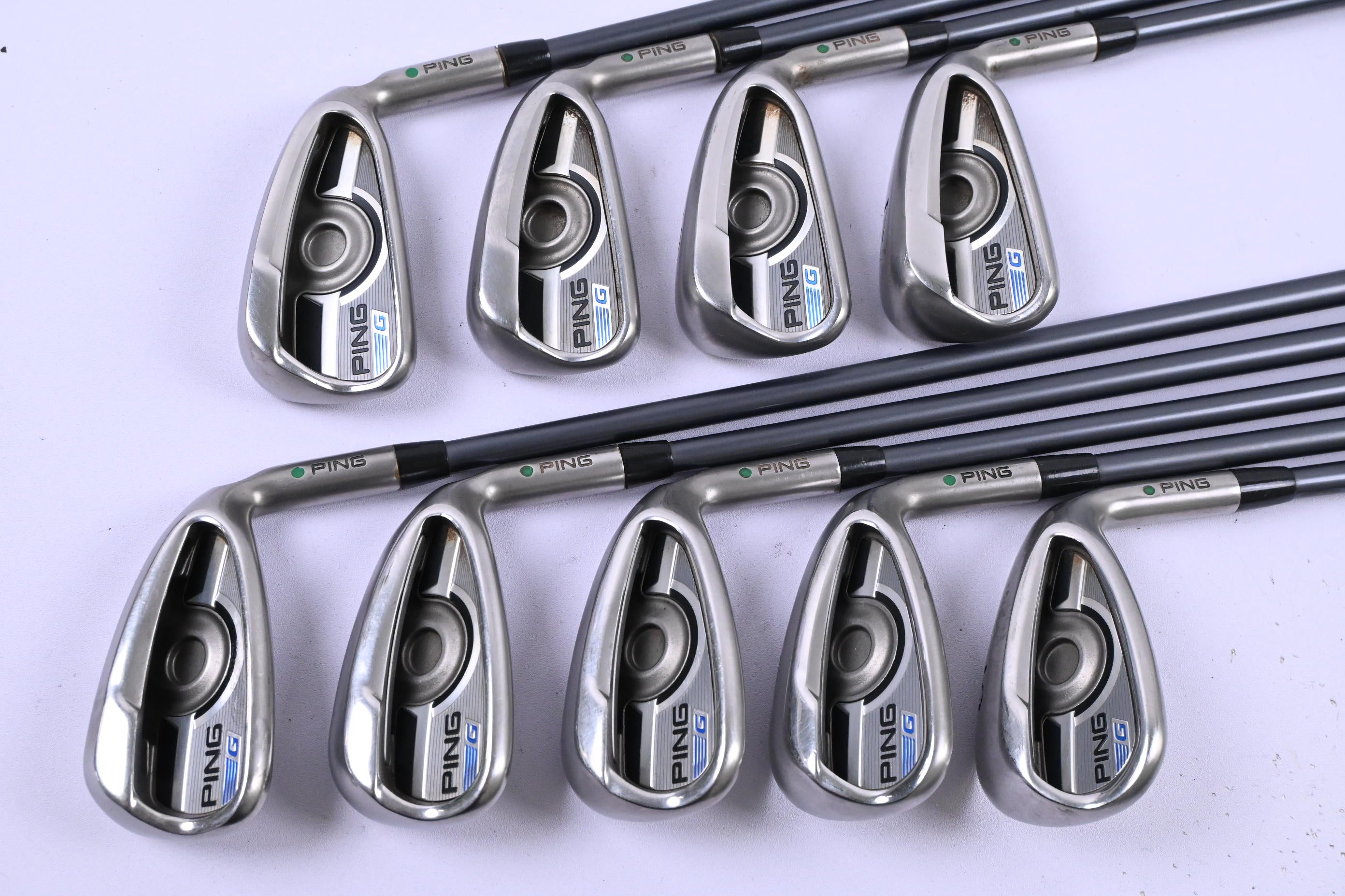 Ping G Series Irons / 4-PW+GW+SW / Green Dot / Senior Flex Ping CFS 65 Shafts