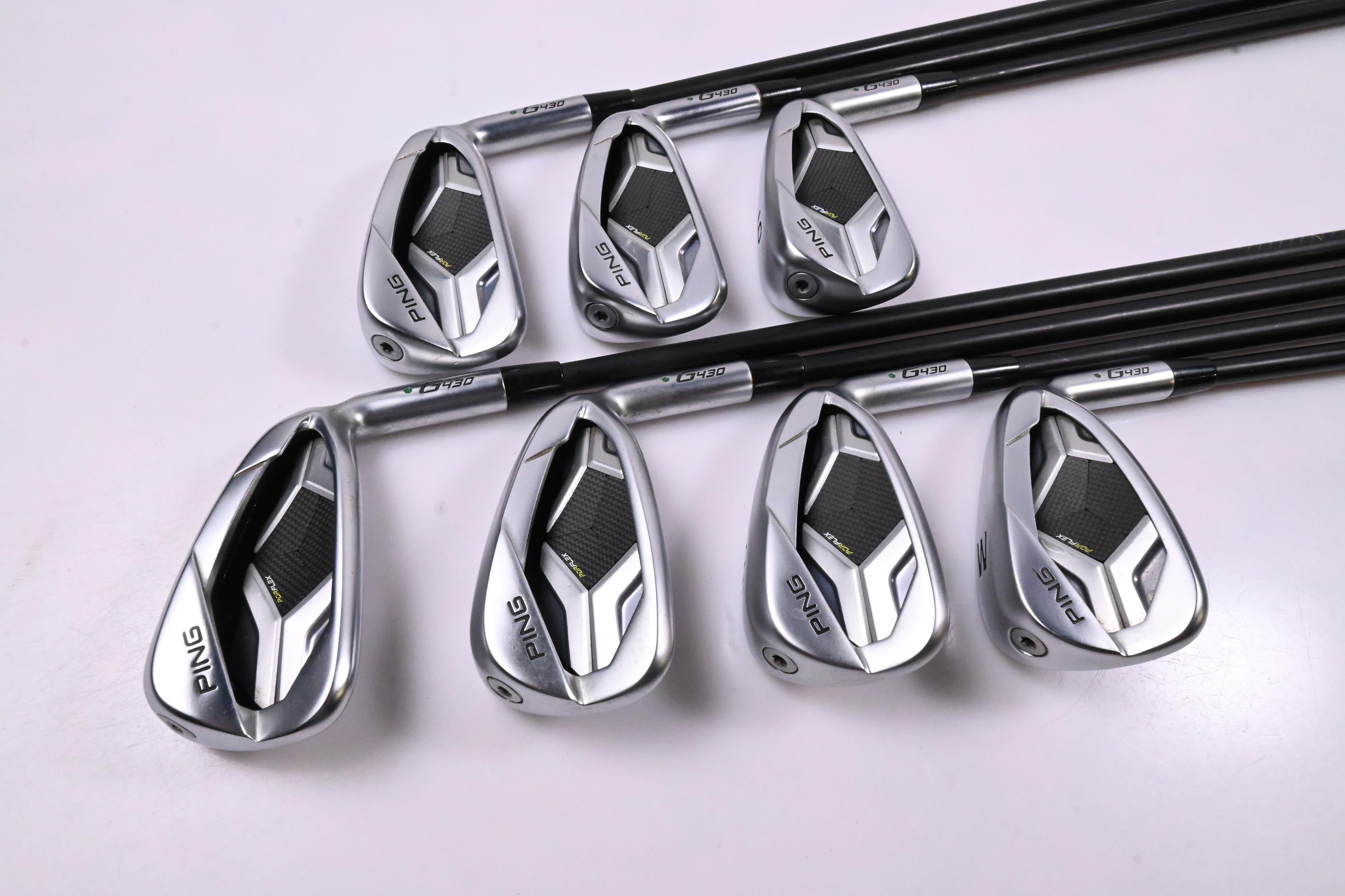 Ping G430 Irons / 4-PW / Green Dot / Stiff Flex Ping ALTA CVB Black AWT Shafts