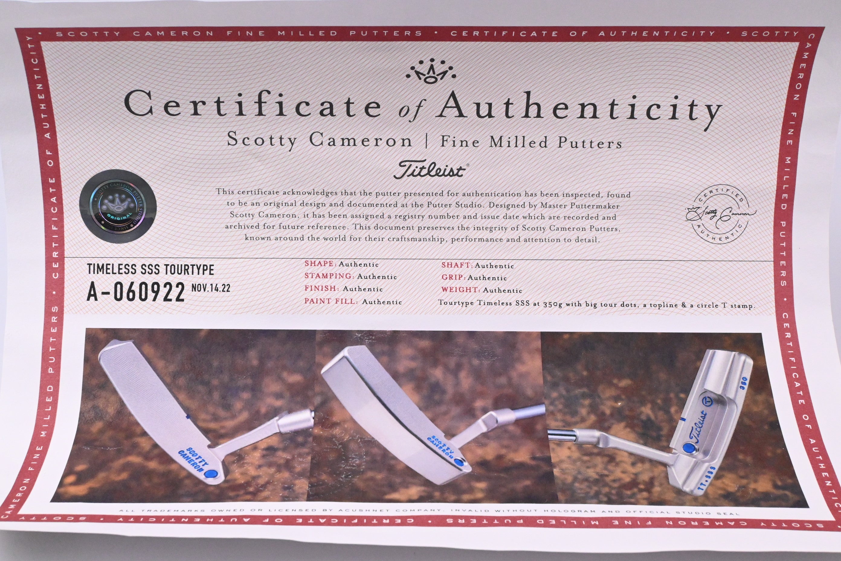 Scotty Cameron Circle T Timeless Tour SSS 350g Putter / 34 Inch / Includes COA