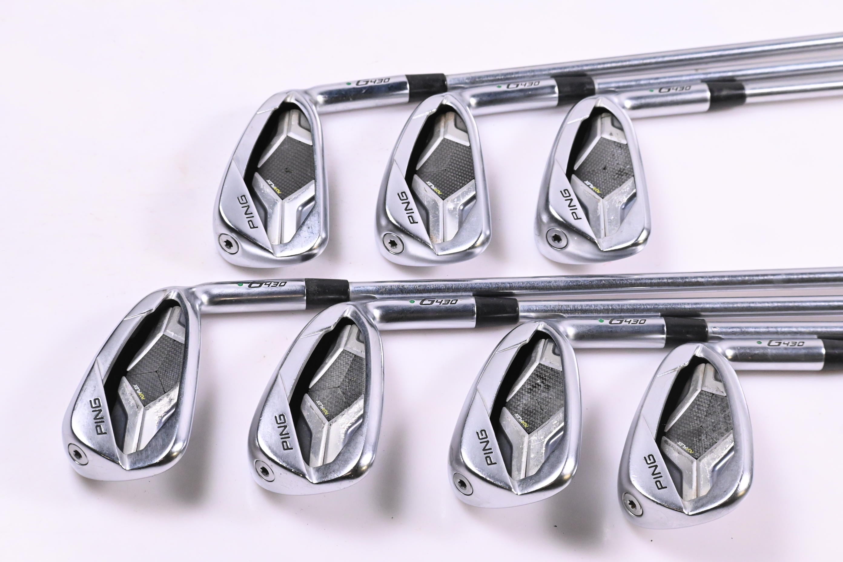 Ping G430 Irons / 4-PW / Green Dot / Regular Plus Flex Project X IO 105 Shafts