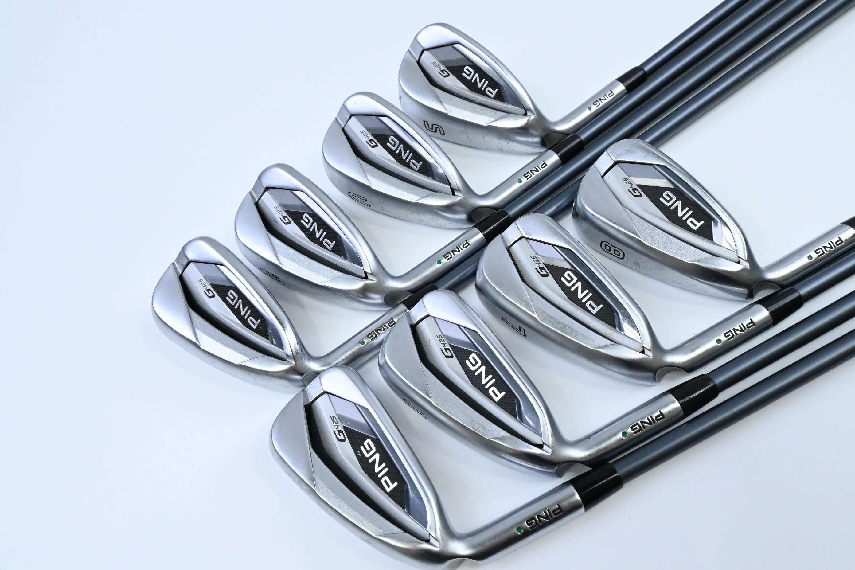 Left Hand Ping G425 Irons / 5-PW+UW+SW / Green Dot / Senior Flex Ping Alta CB