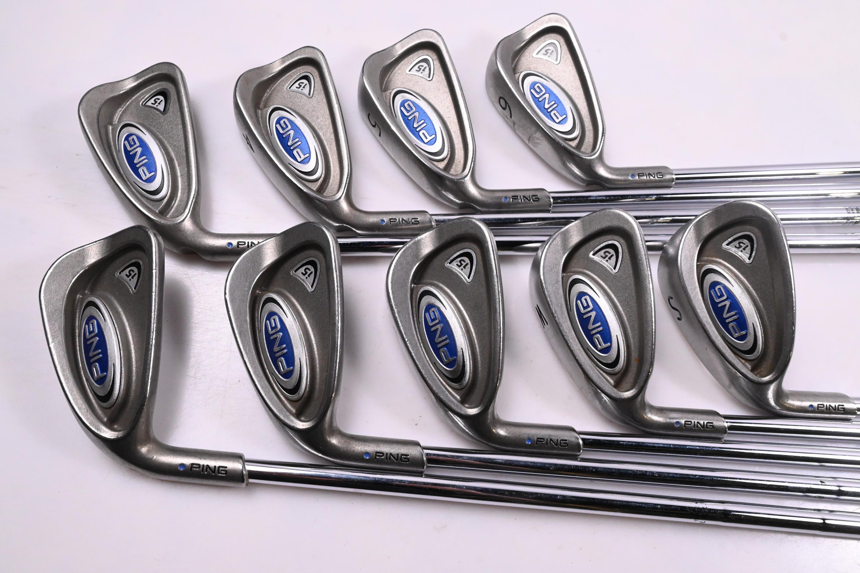 Left Hand Ping i5 Irons / 3-PW+SW / Blue Dot / Stiff Flex Dynamic Gold S400