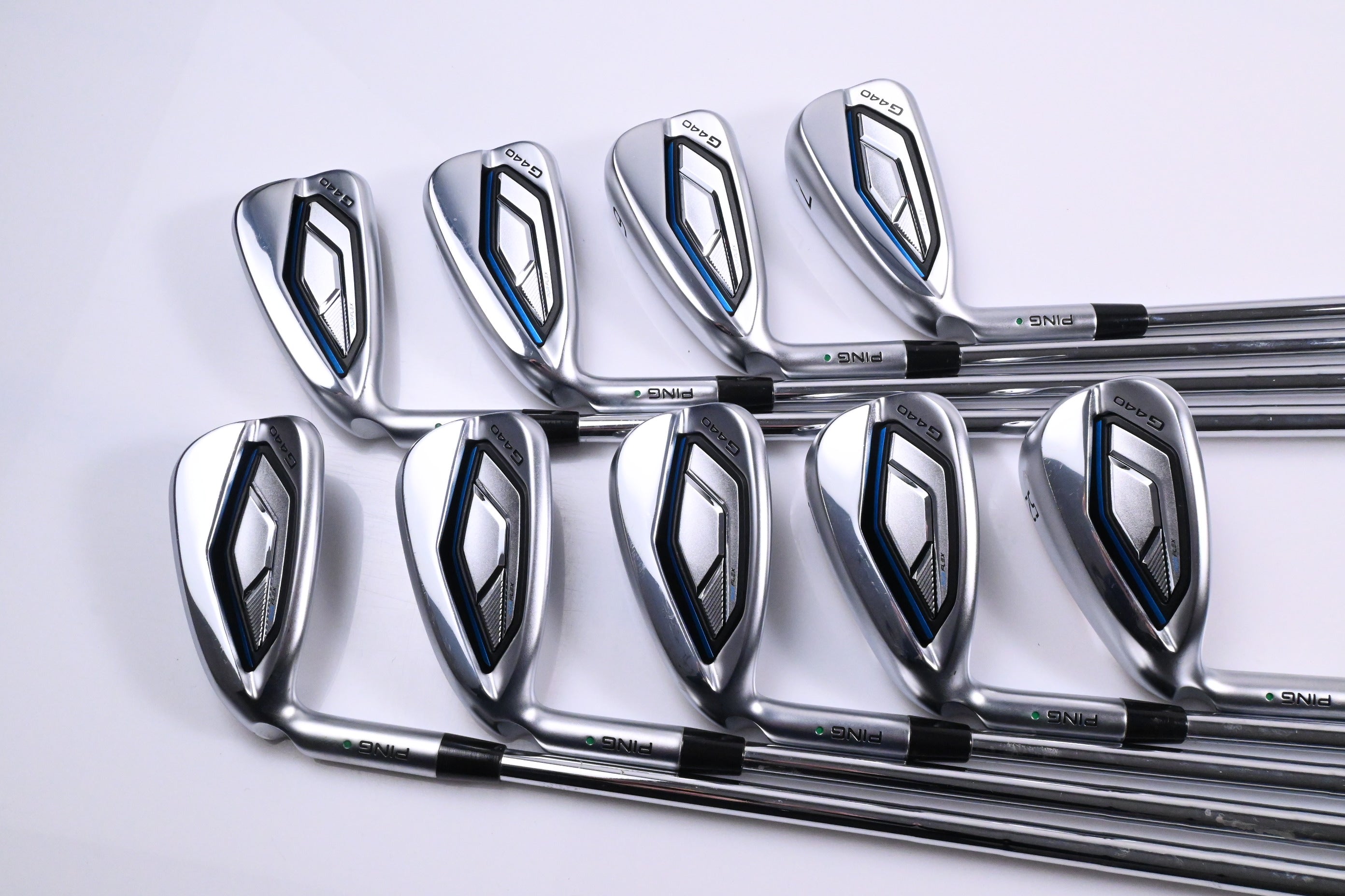 Left Hand Ping G440 Irons / 4-PW+UW+52° / Green Dot / X-Flex KBS Tour 130 Shafts