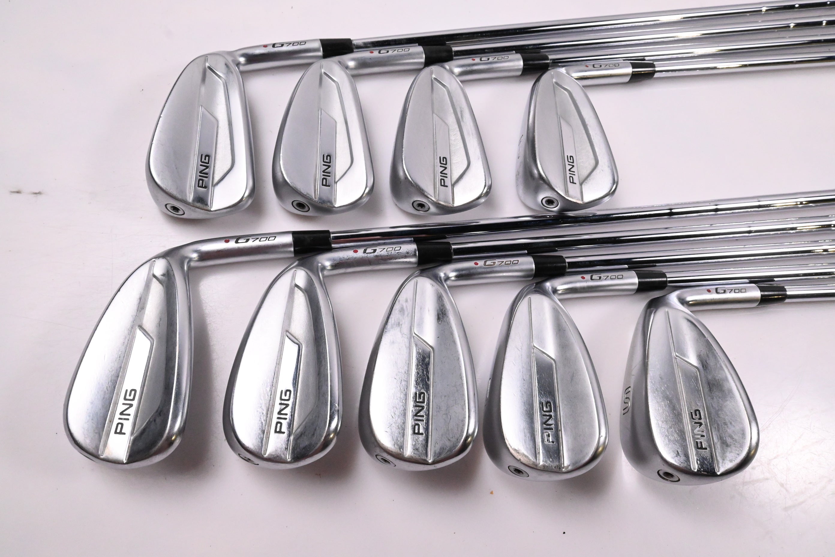 Ping G700 Irons / 4-PW+GW+SW / Maroon Dot / Stiff Flex Ping AWT 2.0 Shafts