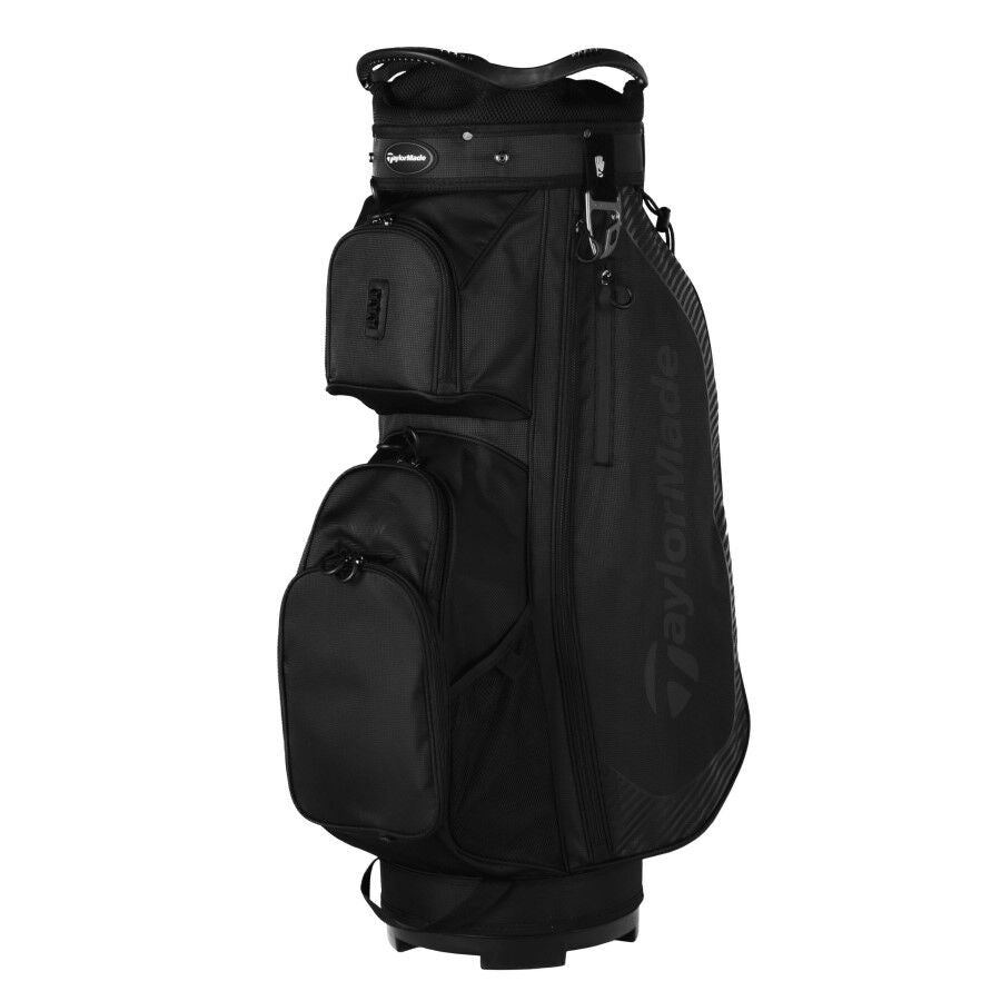 Black golf bag with a visible brand logo on a white background