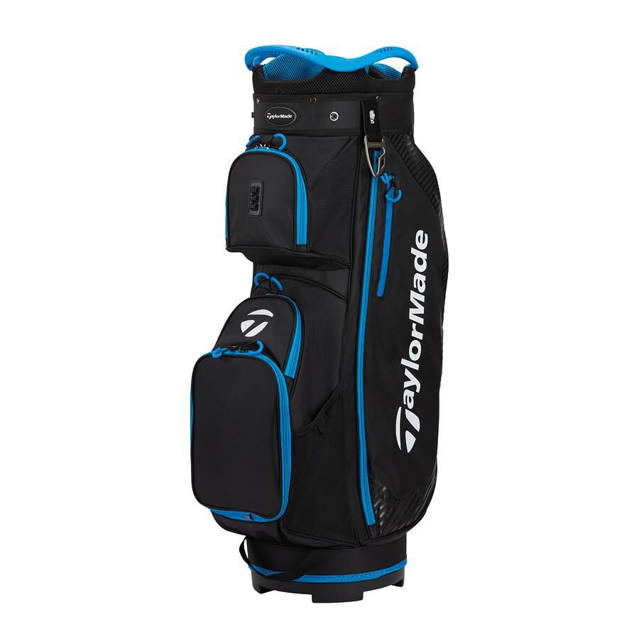 Black golf bag with blue accents and TaylorMade logo on a white background
