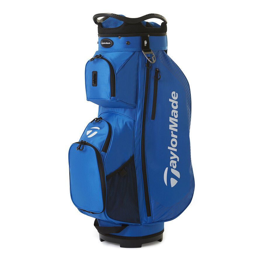 Blue golf bag with TaylorMade logo on a white background