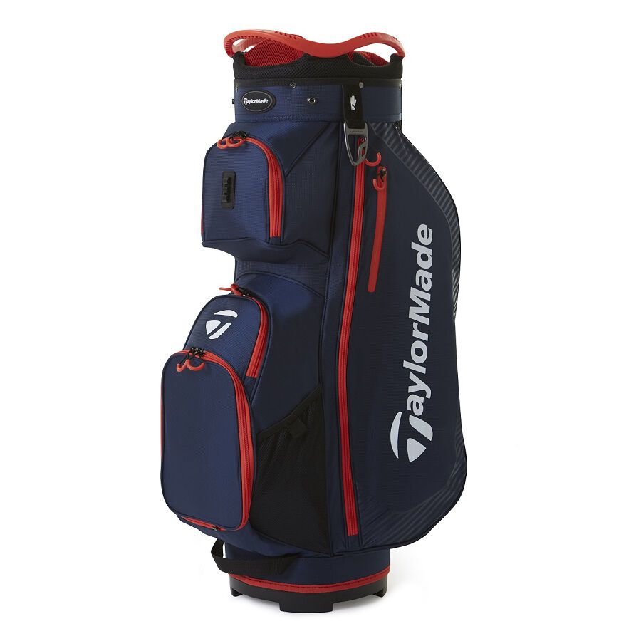 Blue and red golf bag with TaylorMade logo on a white background